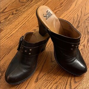 Sofft Women's Dark Brown Leather Mules with studs and large buckle